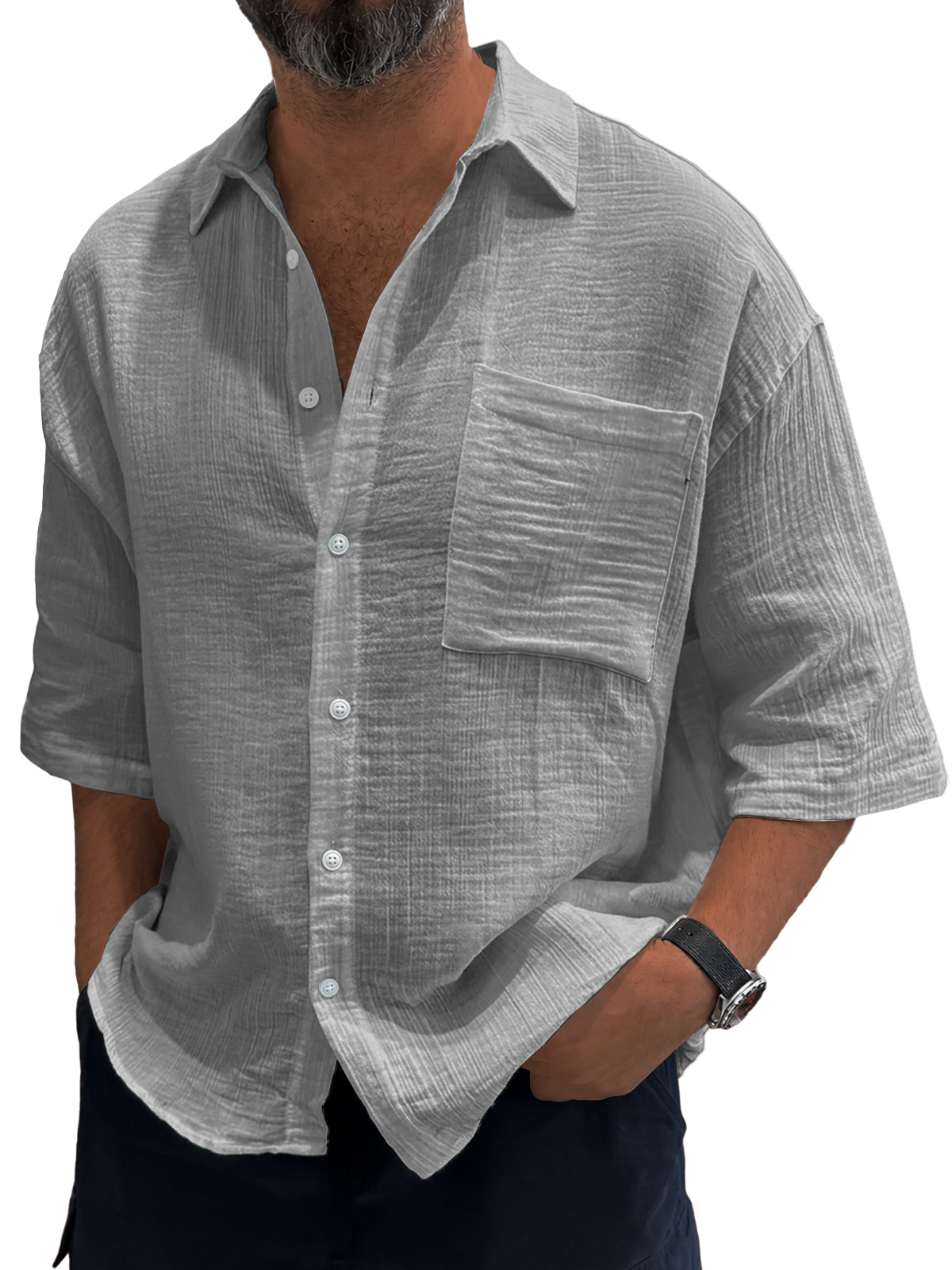 Men's Casual Loose Textured Striped Cool Short-Sleeve Shirt
