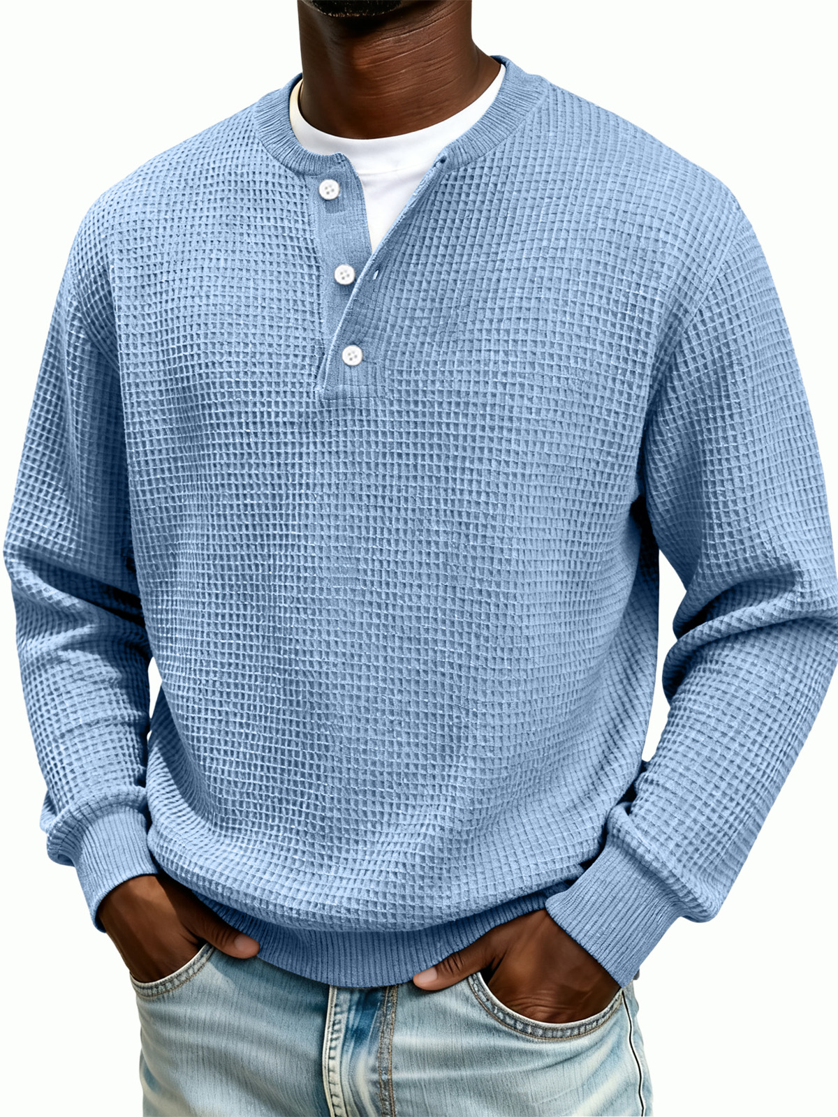 Men's Waffle Knit Henley Collar Long-Sleeve Sweatshirt