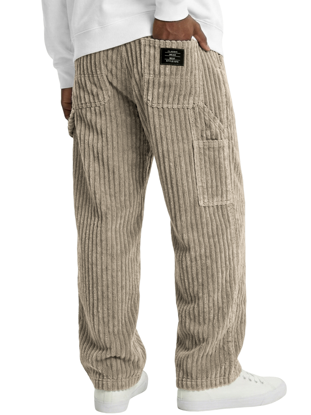 Men's Vintage Practical Corduroy Trousers with Multiple Pockets and Embroidered Label