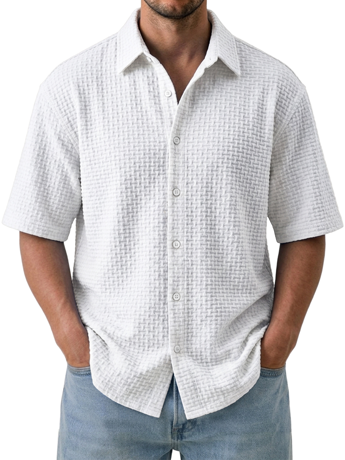Men's Casual Comfortable Jacquard Textured Ice Silk Short Sleeve Shirt