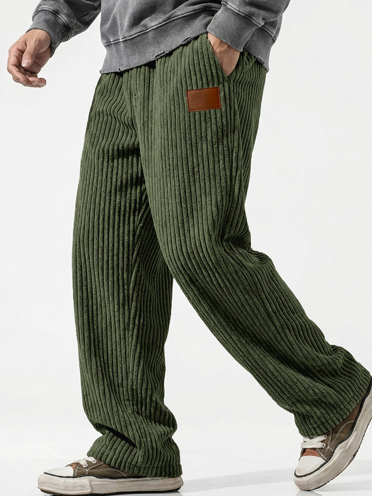 Vertical Striped Corduroy Pants with Embroidery