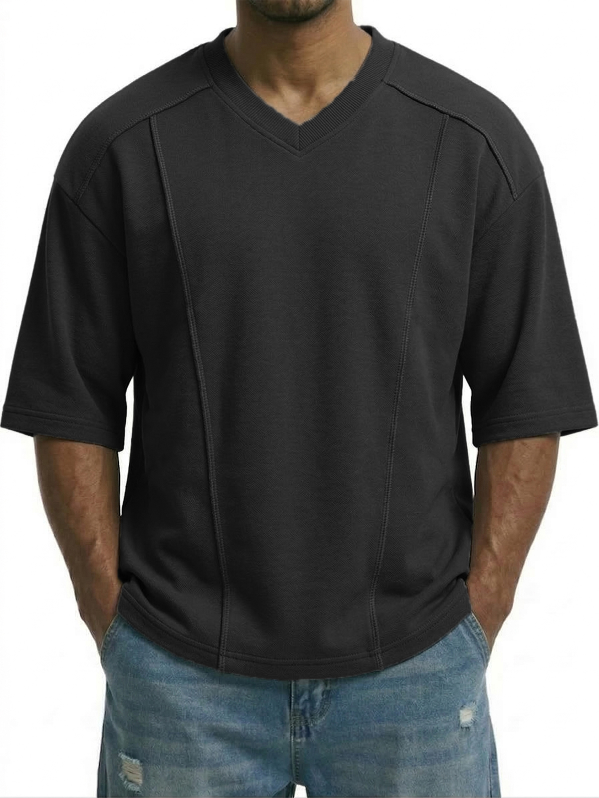 Men's Deconstructed Design Patchwork V-neck Pullover T-shirt