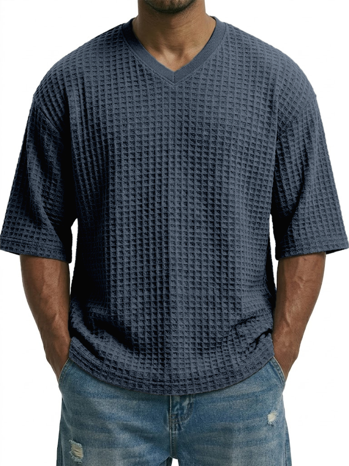 V-neck Pullover Waffle Knit Short-sleeved Top