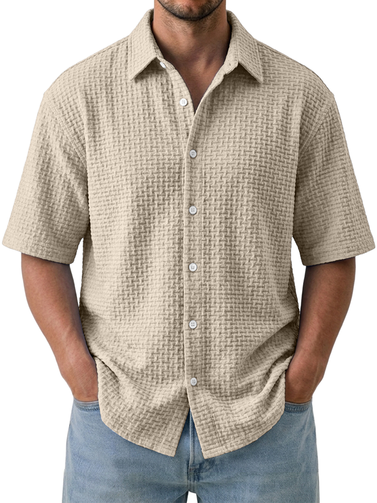 Men's Casual Comfortable Jacquard Textured Ice Silk Short Sleeve Shirt