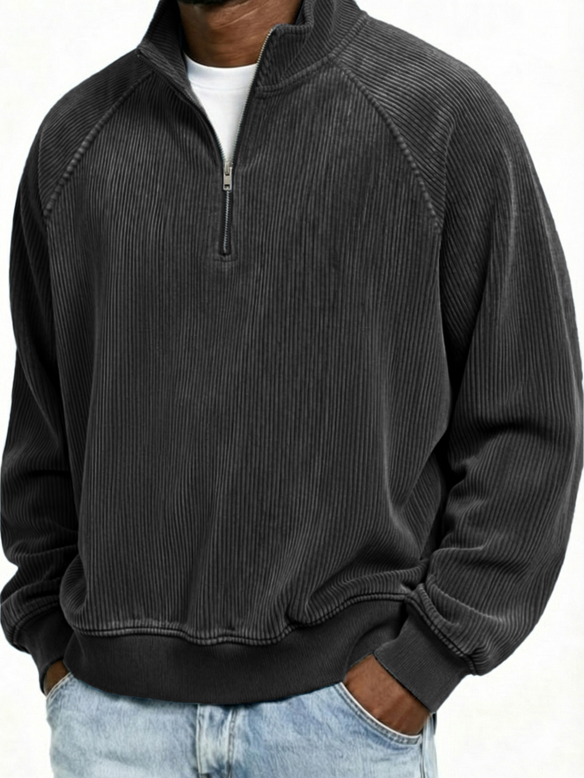 Mokaloha-Men's Simple Ribbed Quarter-Zip Raglan Sleeve Pullover Polo Shirt