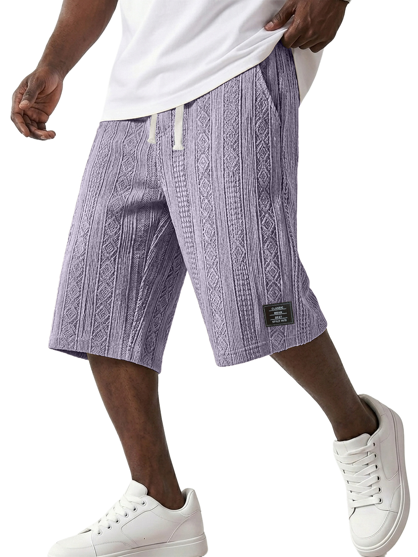 Men's Striped Jacquard Casual Embroidered Logo Elastic Waist Solid Color Shorts