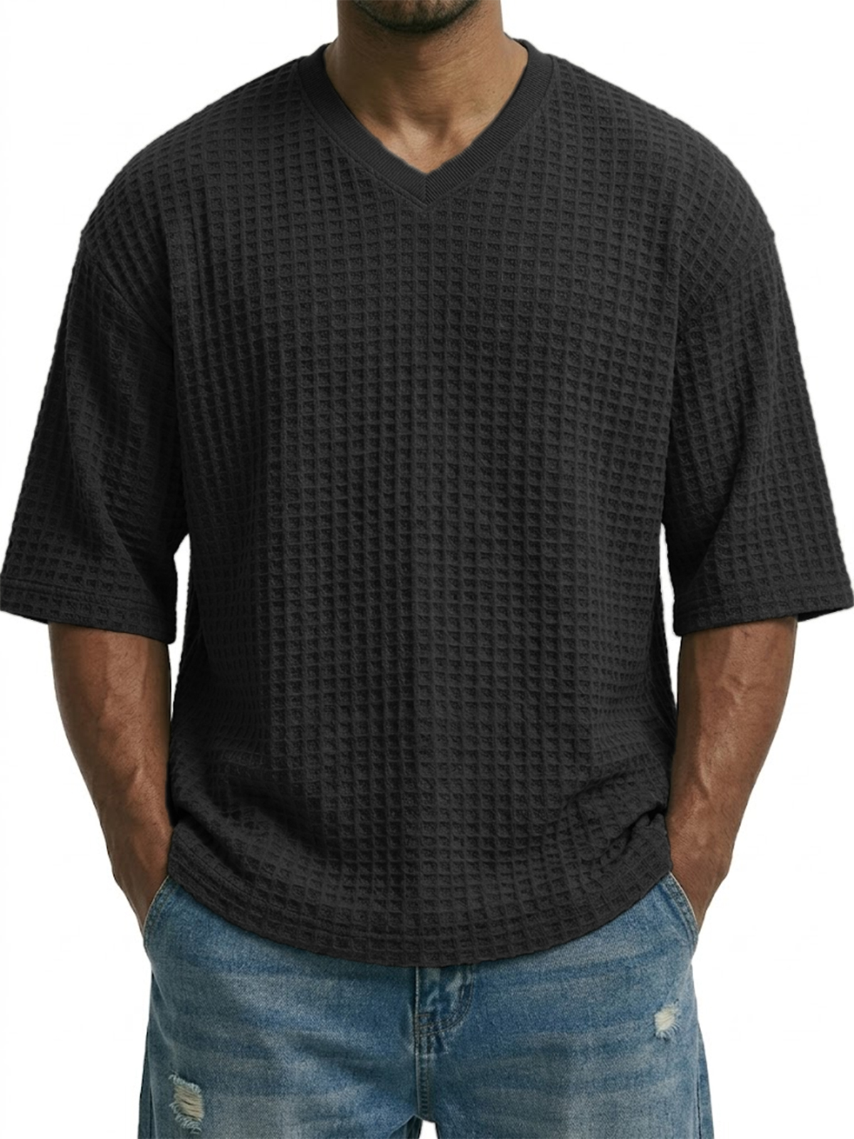 V-neck Pullover Waffle Knit Short-sleeved Top