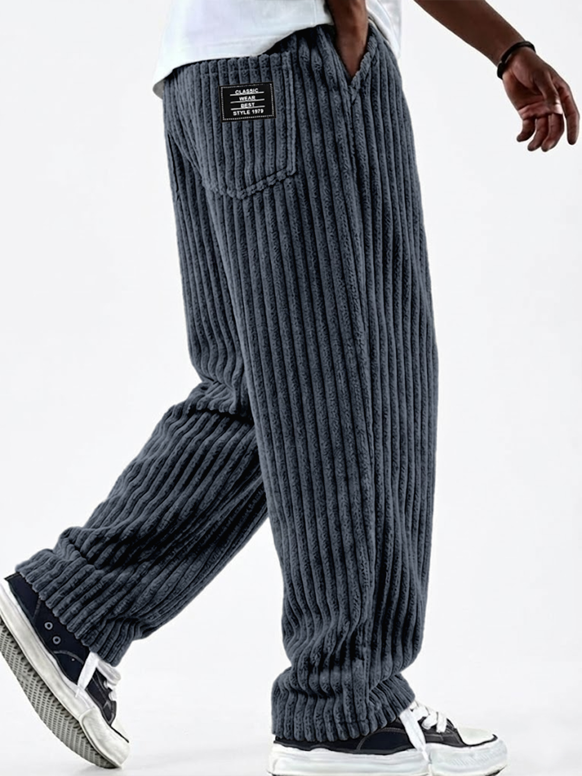 Men's Vintage Corduroy Textured Comfort Wide Striped Pants with Embroidered Minimalist Labels