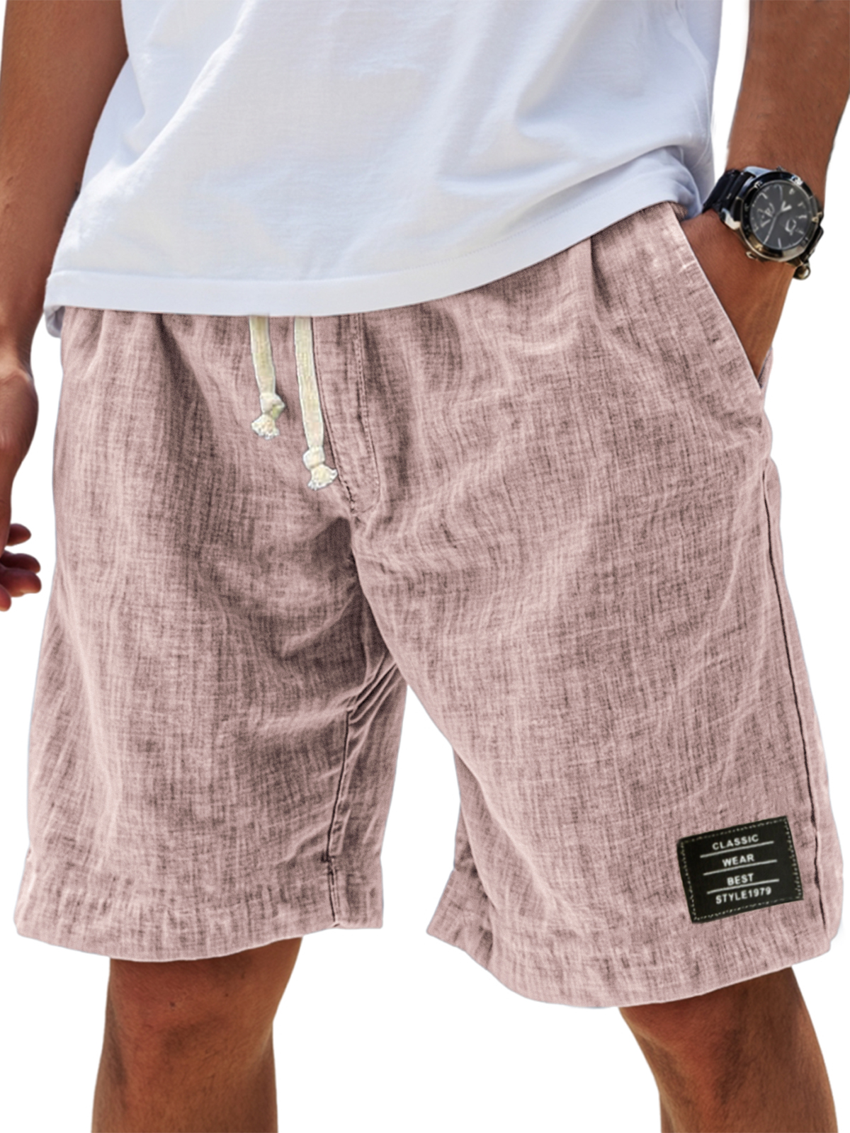 Mens Linen Vacation Classic Embroidered Label Everyday Comfort Shorts