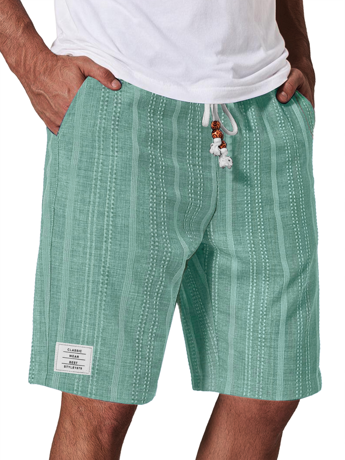 Men's Casual Linen Jacquard Striped Textured Elastic Waist Shorts