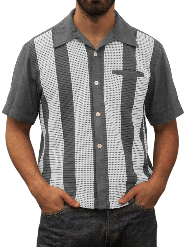 Men's Vintage Waffle-Knit Striped Short-Sleeve Shirt