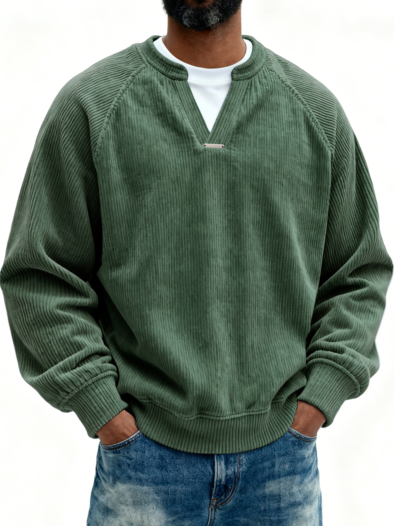 Men's Retro Casual Corduroy V-Neck Faux Two-Piece Long-Sleeve T-Shirt