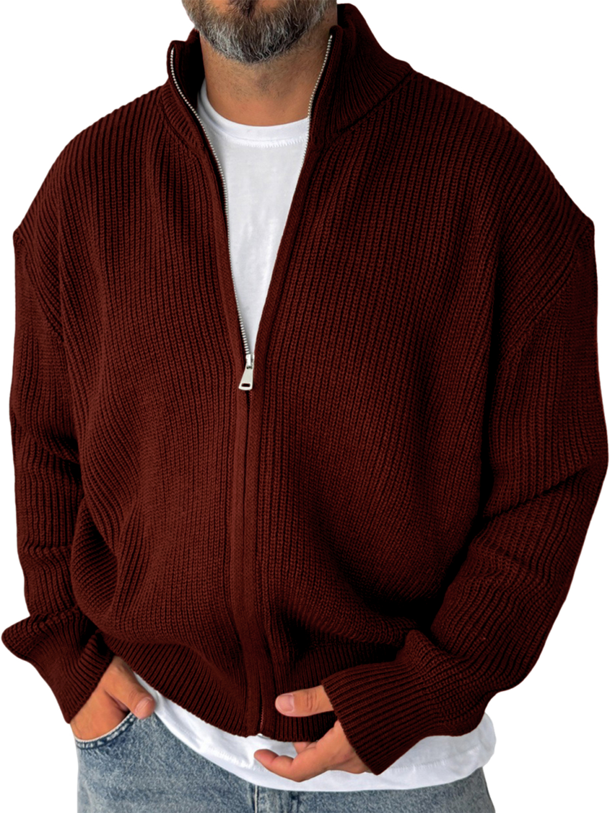 Men's Simple Zipper Warm Sweater Textured Cardigan Jacket