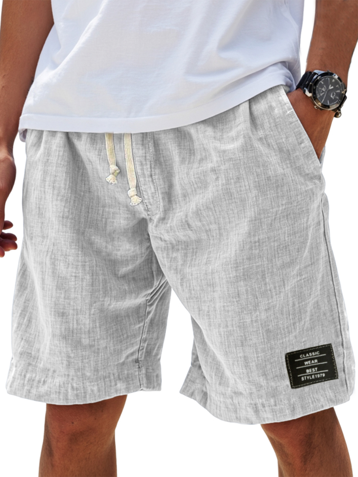 Mens Linen Vacation Classic Embroidered Label Everyday Comfort Shorts