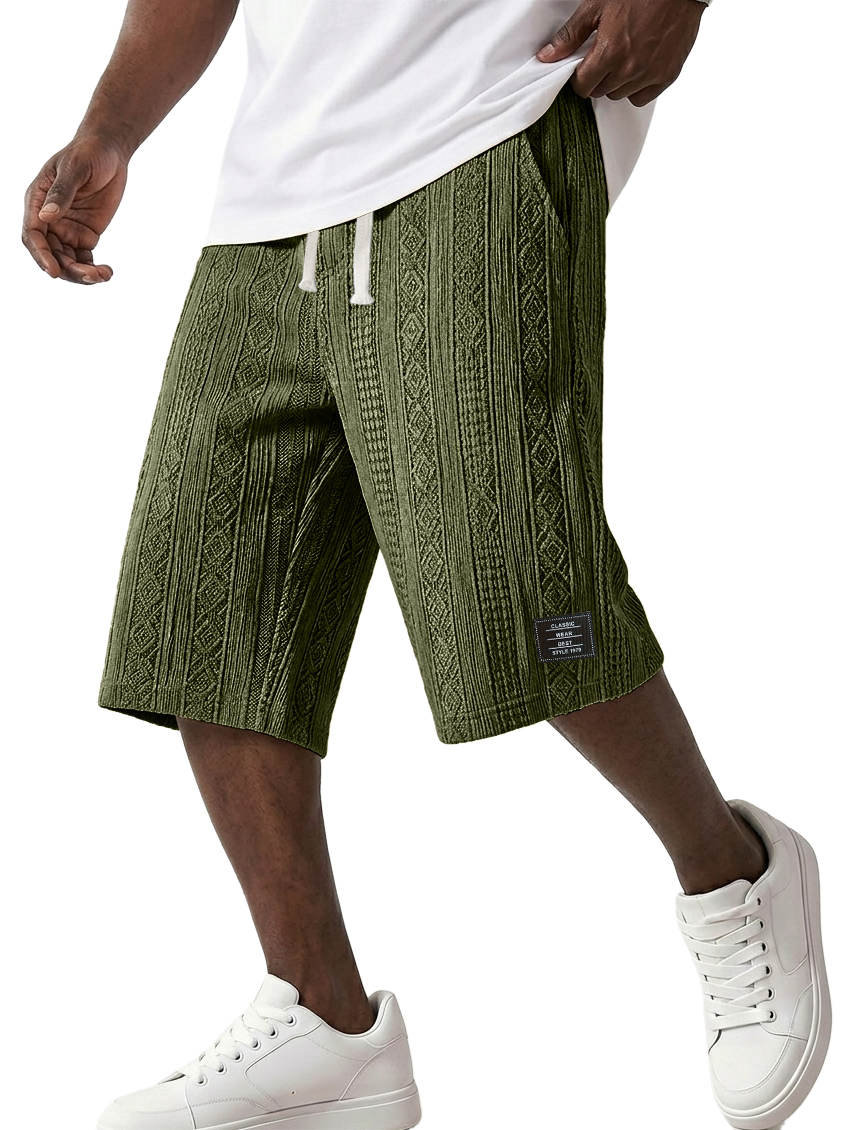 Men's Striped Jacquard Casual Embroidered Logo Elastic Waist Solid Color Shorts