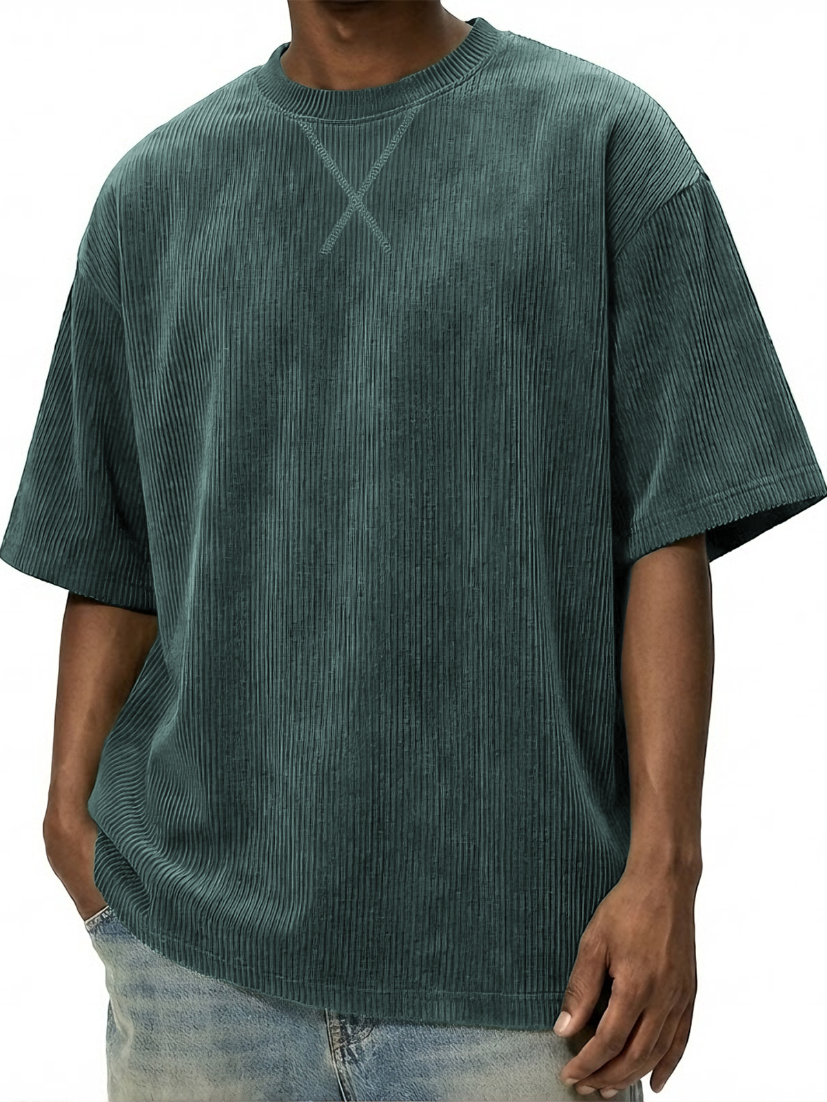 Men's Vintage Stylish Corduroy Patchwork Basic Pullover T-shirt