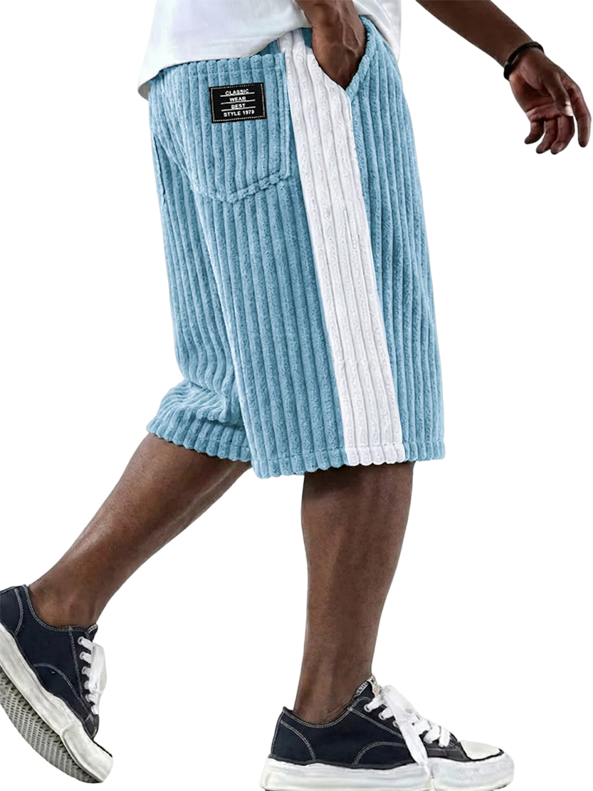 Fashion Retro Color-Blocked Corduroy Logo Design Shorts