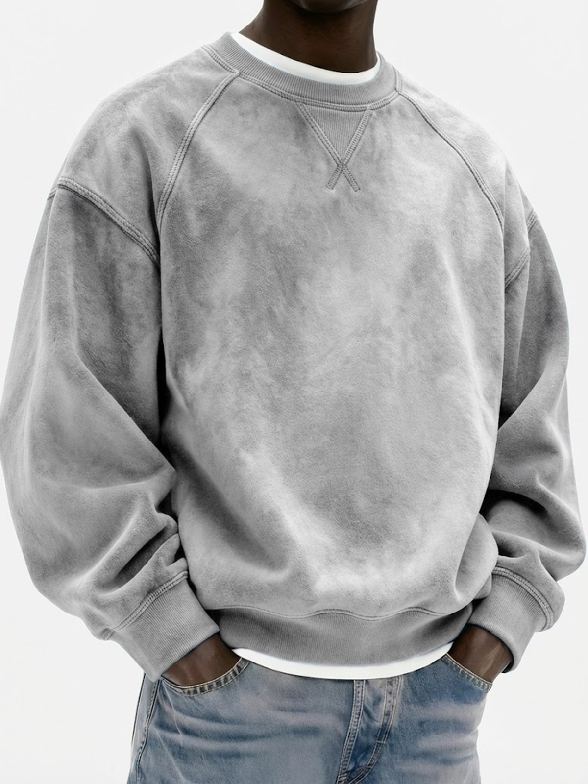 Men's Vintage Suede Heavyweight Raglan Patchwork Pullover Sweatshirt