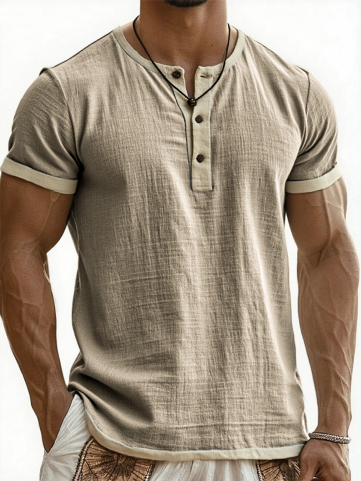 Men's Breathable Linen Contrast Pleated Resort Henley Top