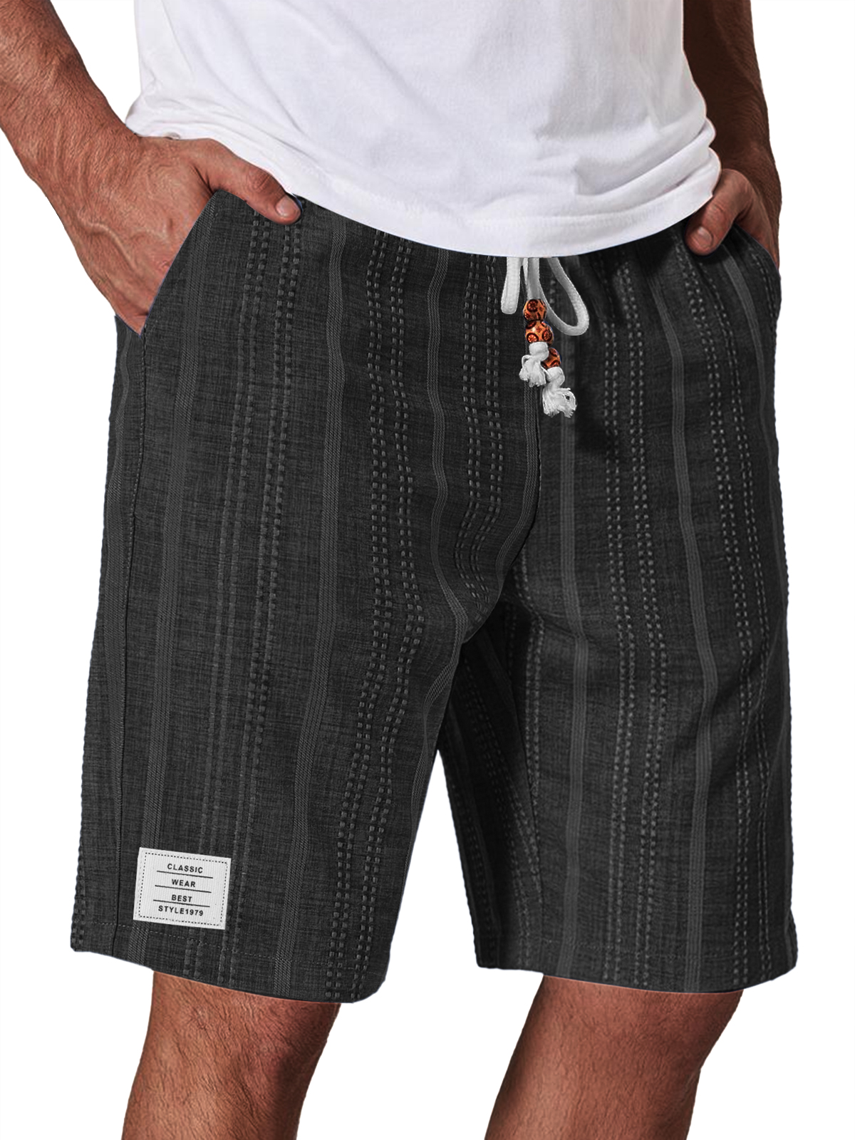 Men's Casual Linen Jacquard Striped Textured Elastic Waist Shorts