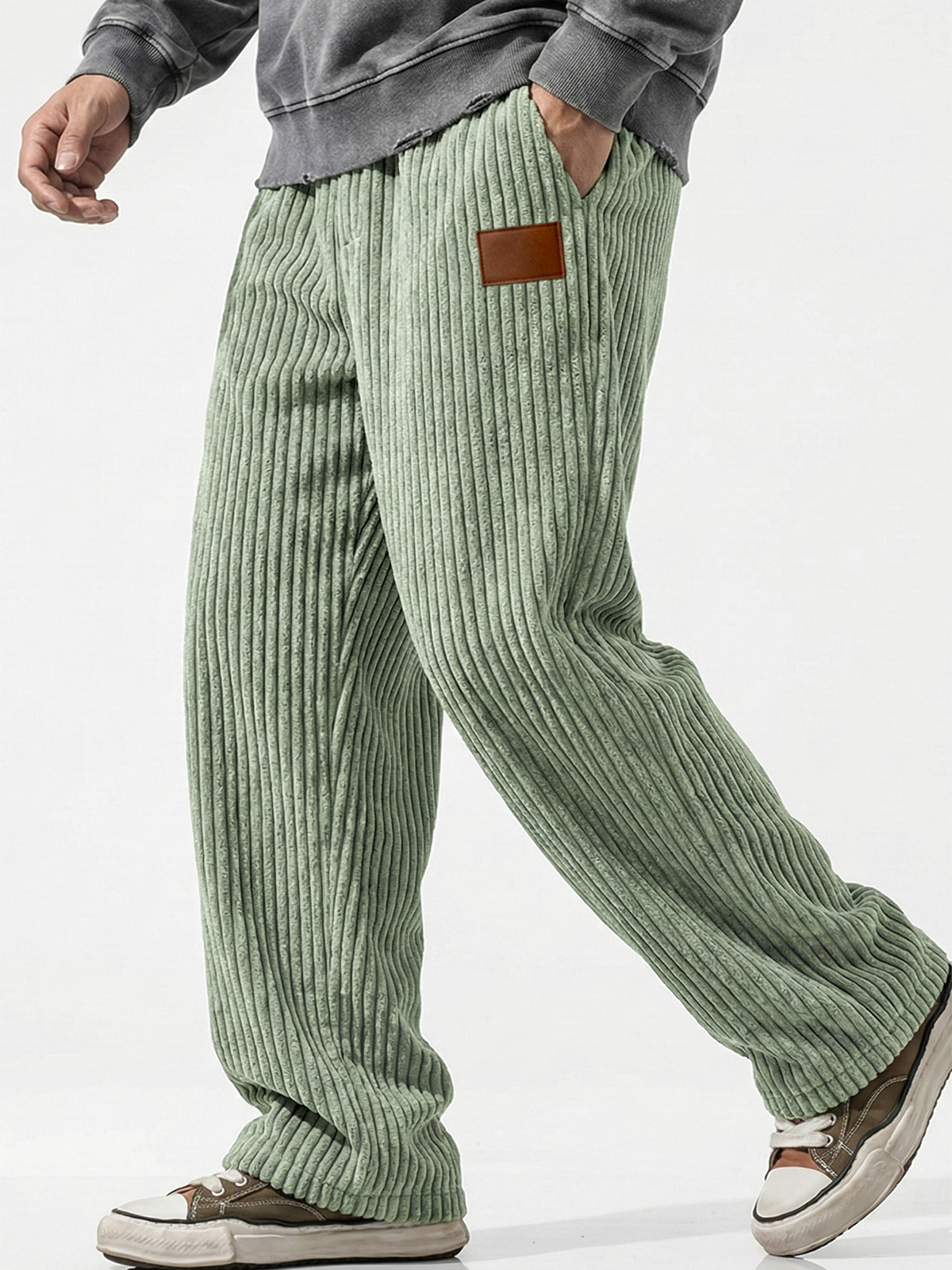 Vertical Striped Corduroy Pants with Embroidery
