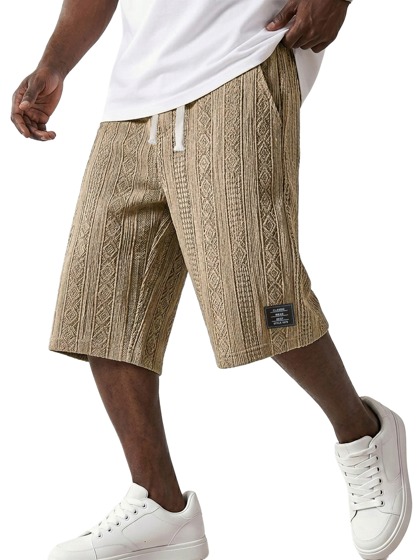 Men's Striped Jacquard Casual Embroidered Logo Elastic Waist Solid Color Shorts