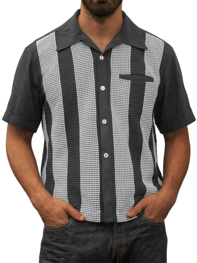 Men's Vintage Waffle-Knit Striped Short-Sleeve Shirt