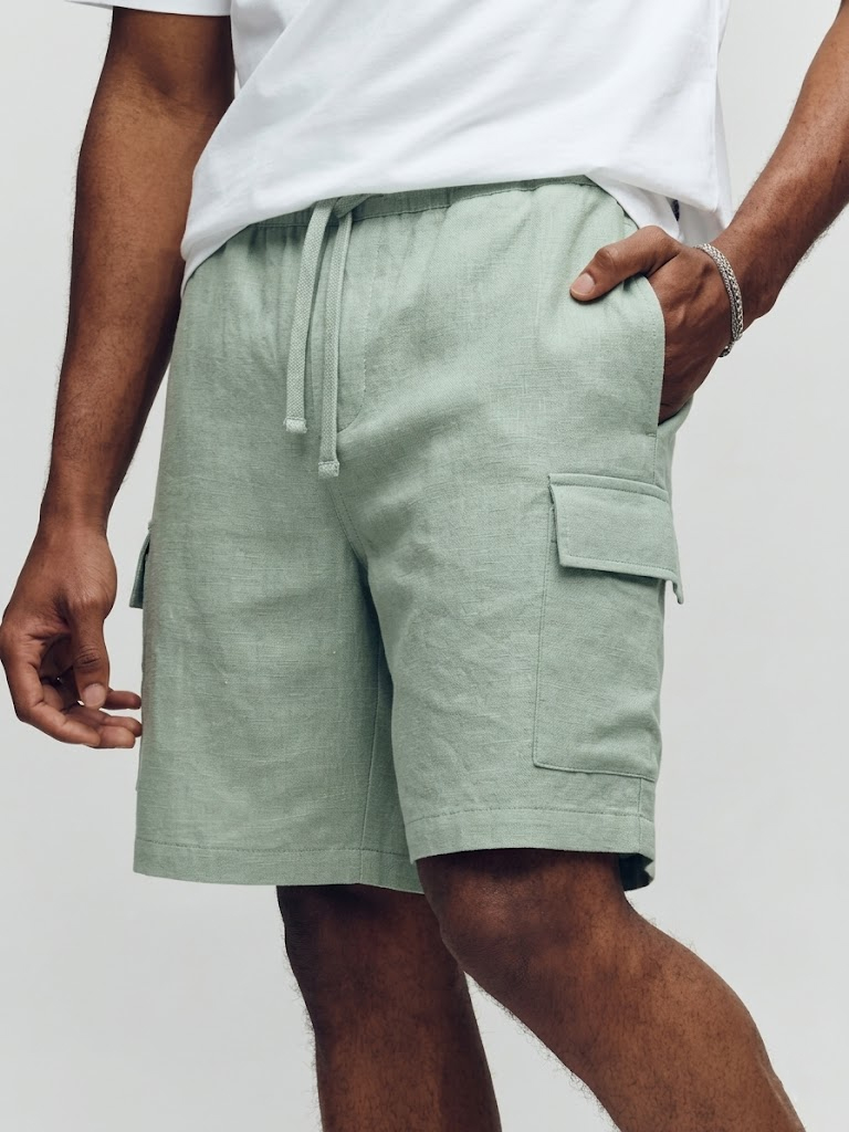 Men's Vacation Style Faux Linen Multi-pocket Drawstring Shorts