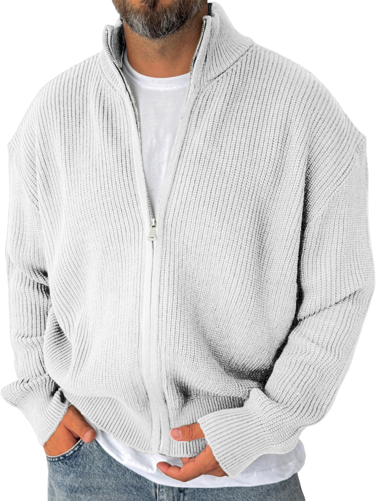 Men's Simple Zipper Warm Sweater Textured Cardigan Jacket