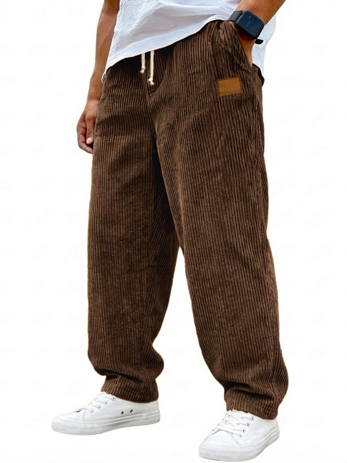 Men's Vintage Corduroy Texture Casual Drawstring Embroidered Label Trousers