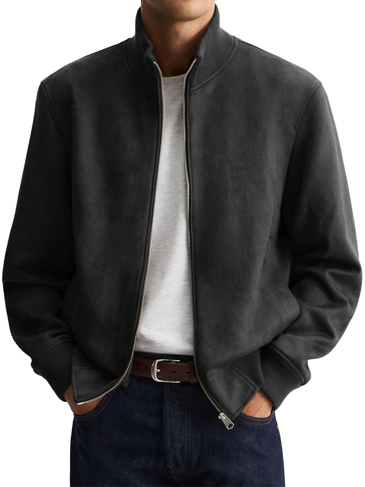 Men's Suede Stand Collar Zip-Up Jacket