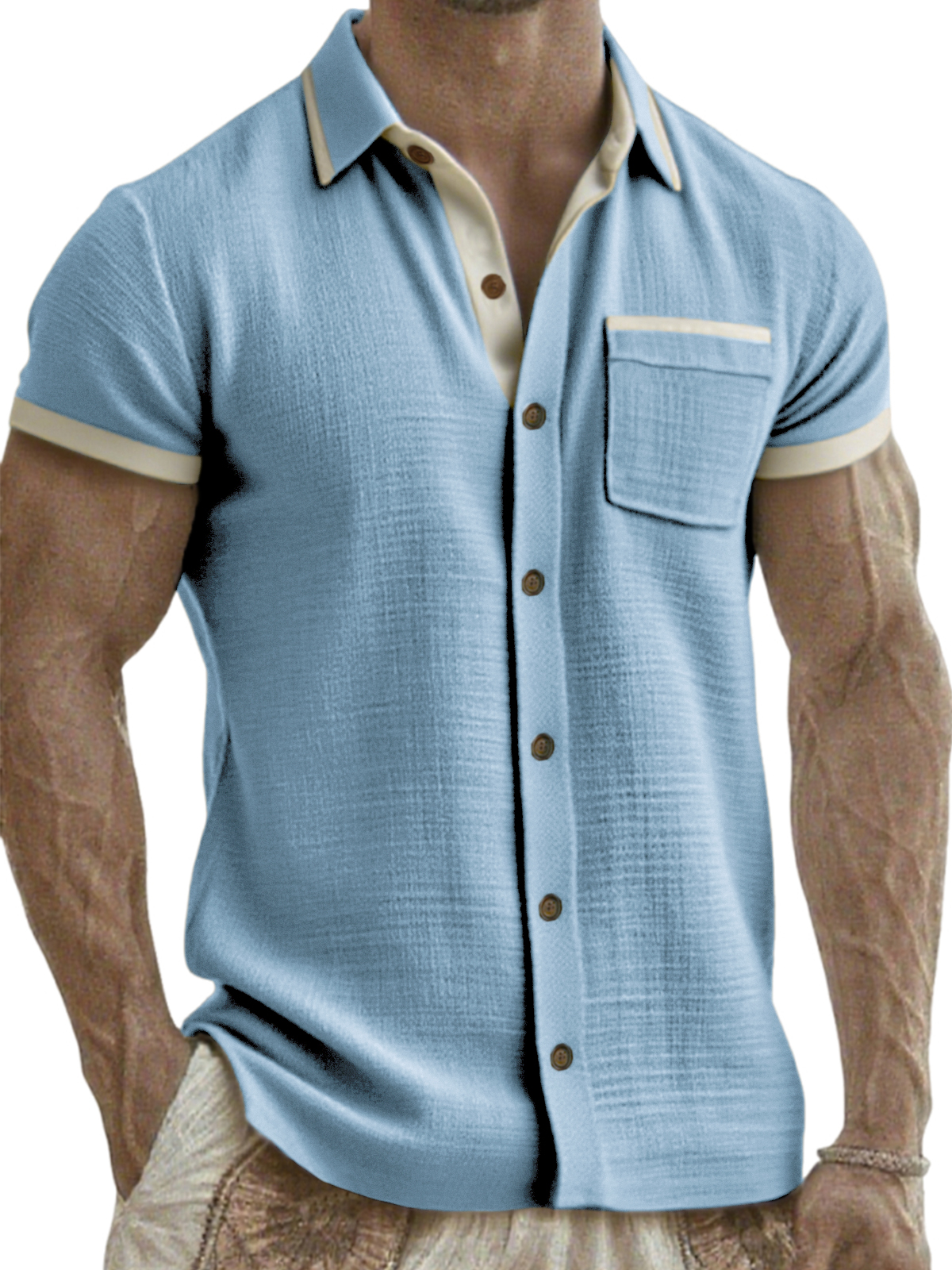 Men's Breathable Linen Colorblock Casual Short Sleeve Shirt with Chest Pocket