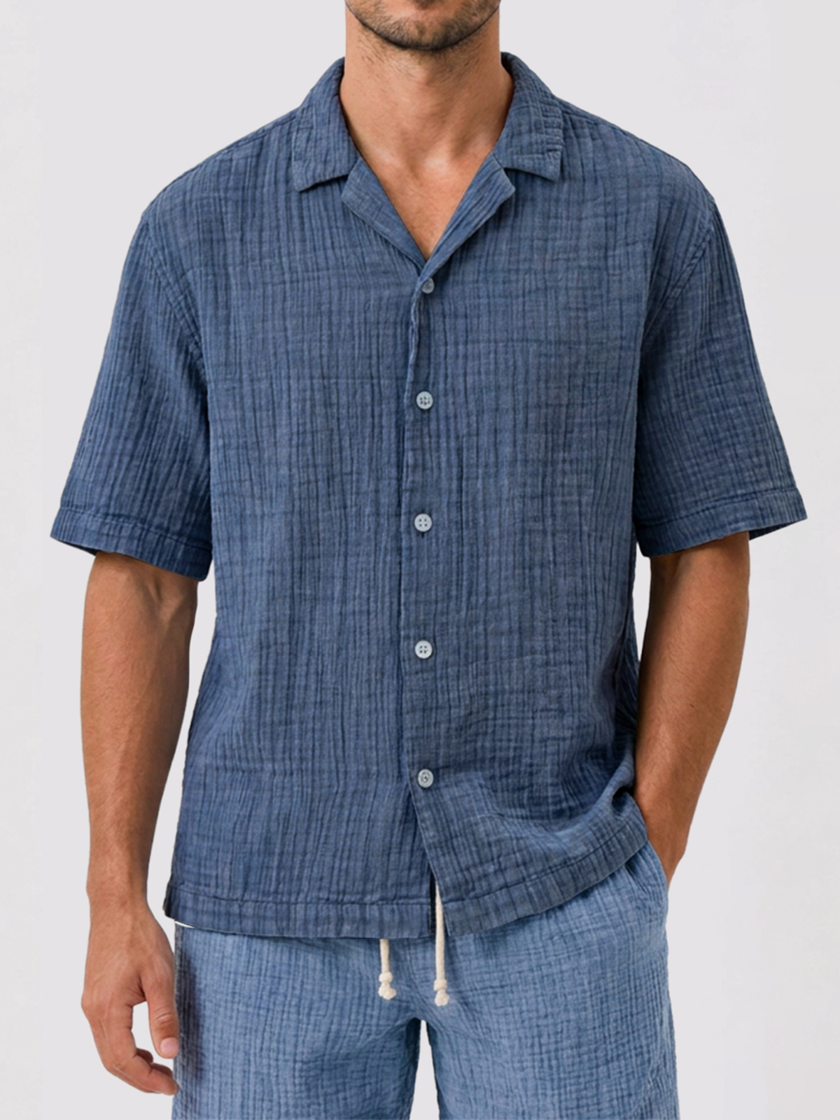 Men's Casual Loose Comfortable Textured Cuban Collar Short Sleeve Shirt