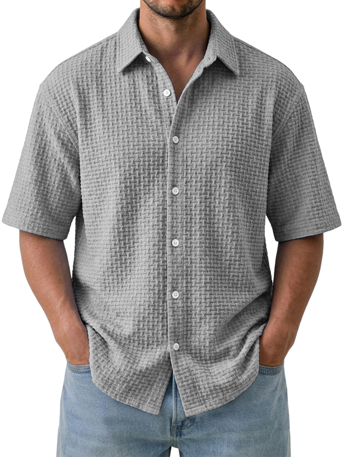 Men's Casual Comfortable Jacquard Textured Ice Silk Short Sleeve Shirt