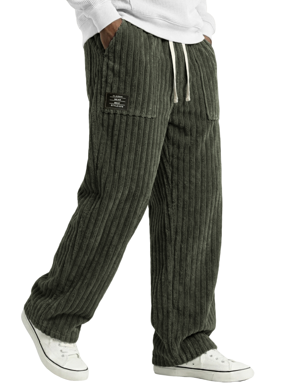 Men's Stylish Corduroy Pants with Embroidered Labels and Patch Pockets