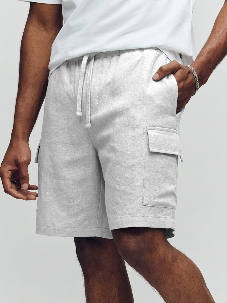 Men's Vacation Style Faux Linen Multi-pocket Drawstring Shorts