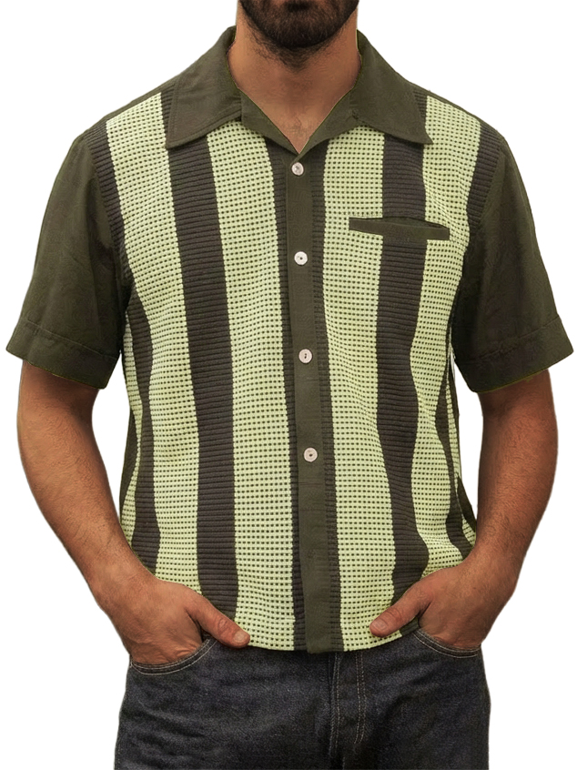Men's Vintage Waffle-Knit Striped Short-Sleeve Shirt