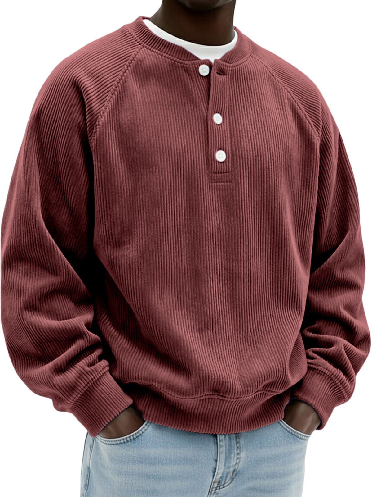 Men's Simple Vintage Ribbed Henley Raglan Pullover Top
