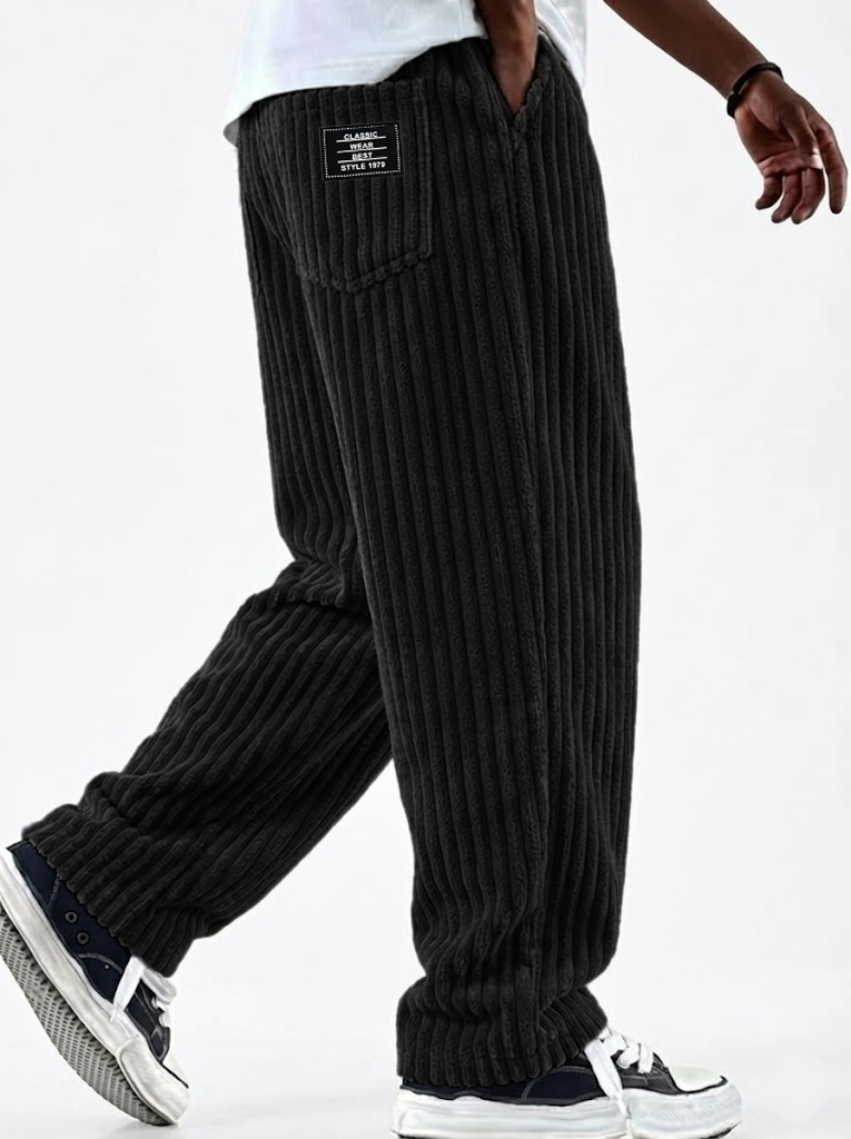 Men's Vintage Corduroy Textured Comfort Wide Striped Pants with Embroidered Minimalist Labels