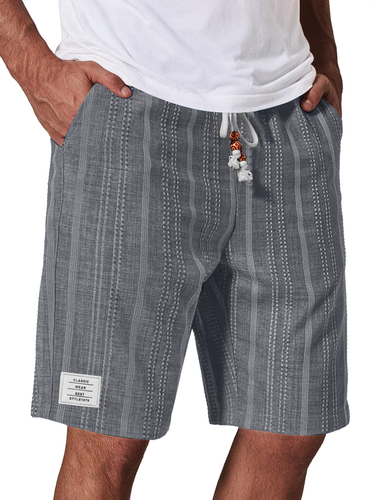 Men's Casual Linen Jacquard Striped Textured Elastic Waist Shorts