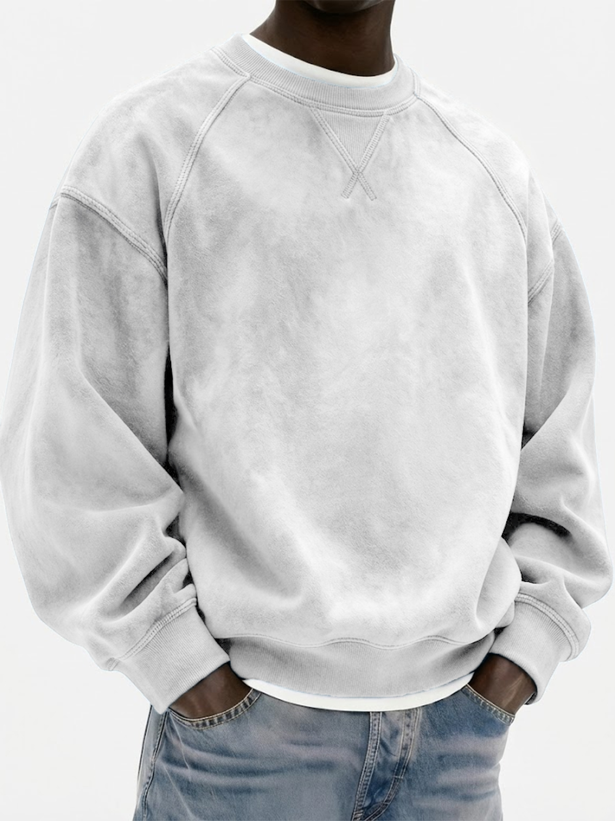 Men's Vintage Suede Heavyweight Raglan Patchwork Pullover Sweatshirt