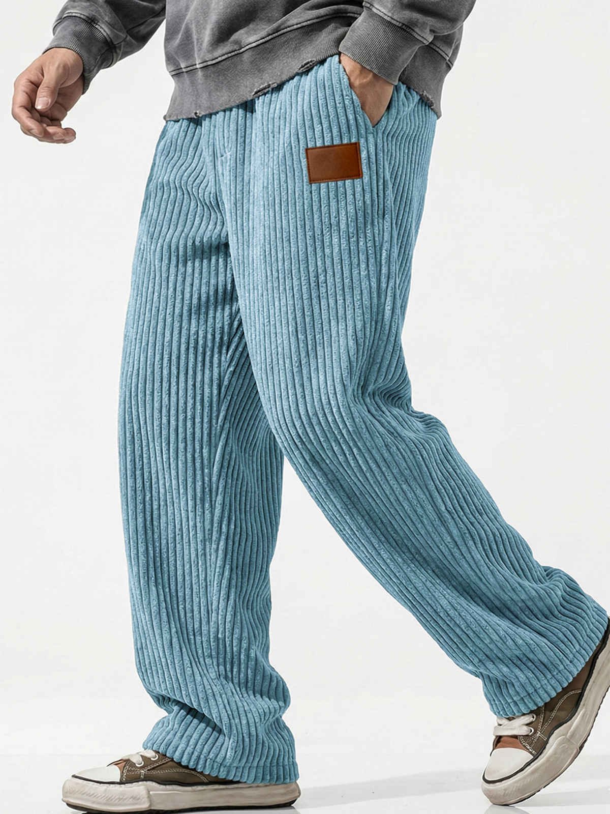 Vertical Striped Corduroy Pants with Embroidery