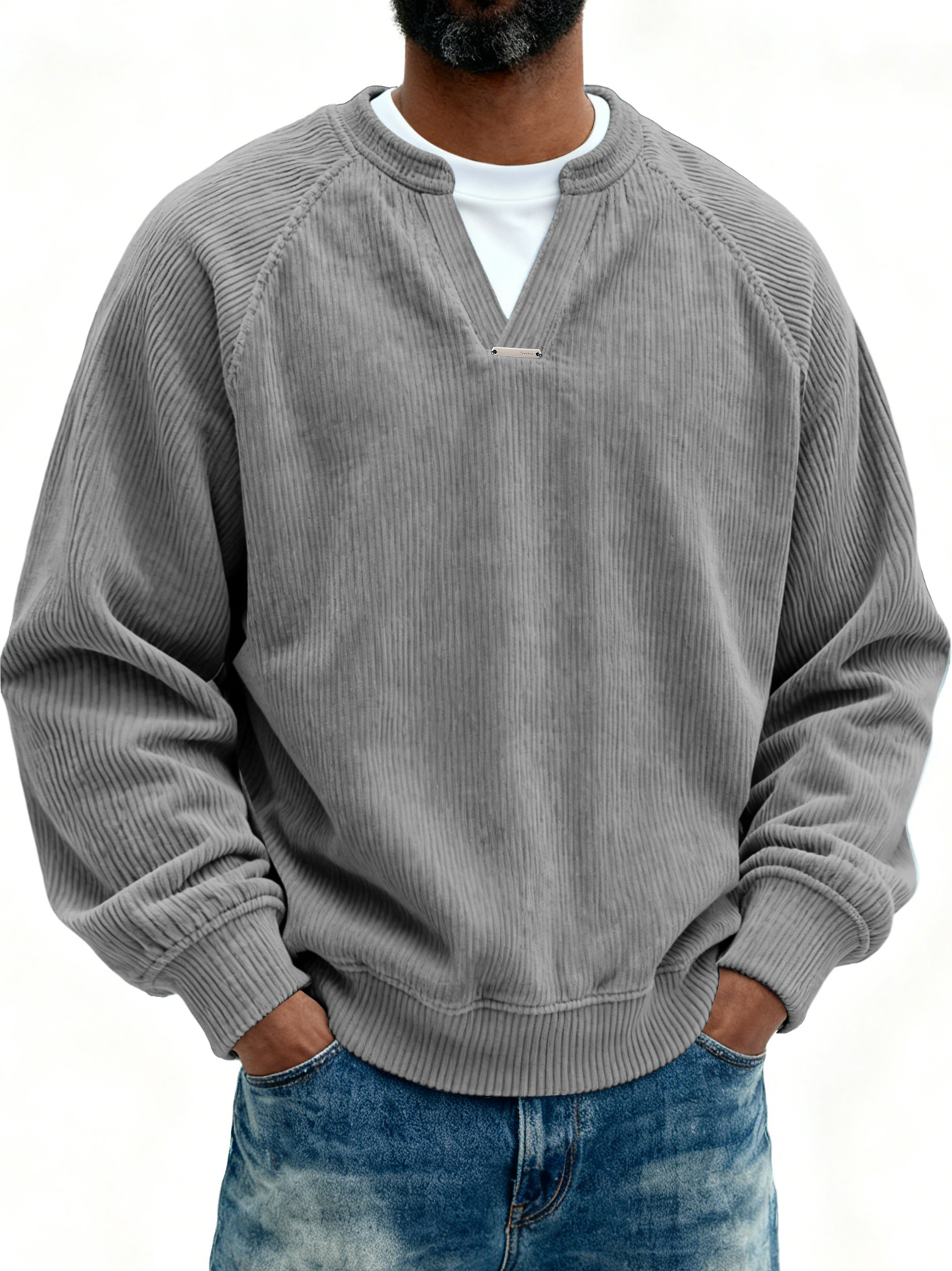 Men's Retro Casual Corduroy V-Neck Faux Two-Piece Long-Sleeve T-Shirt