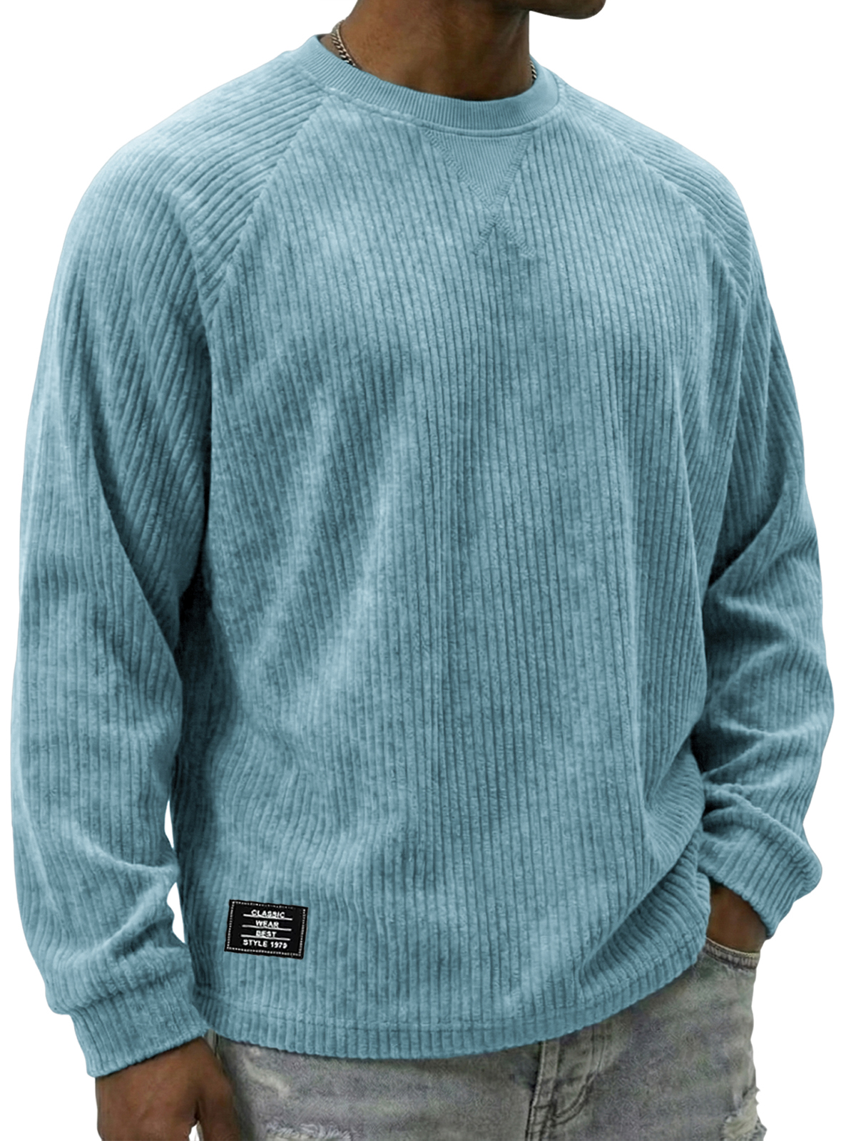 Vintage Stylish Corduroy Patchwork Embroidered Raglan Sleeve Pullover Top