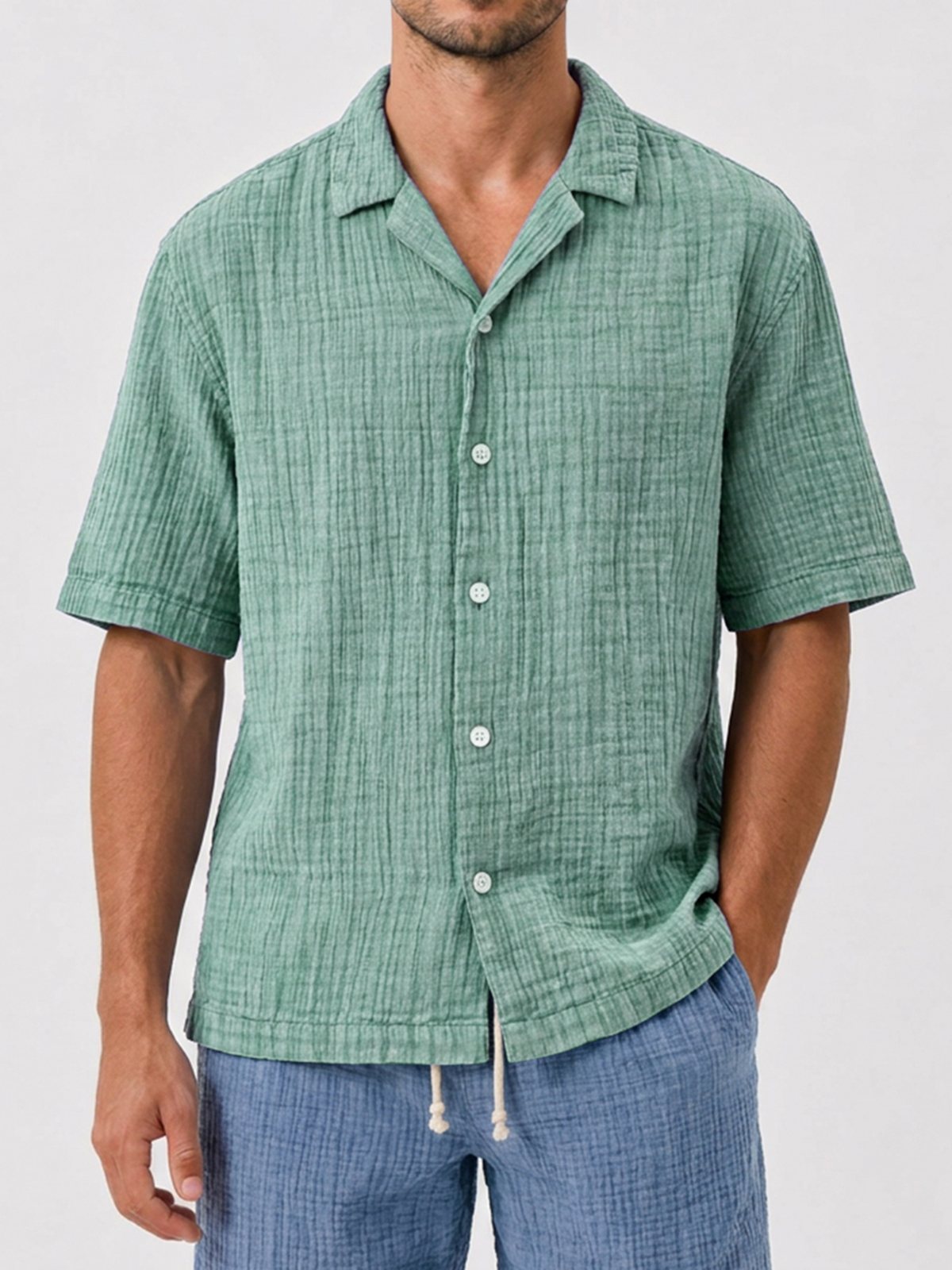 Men's Casual Loose Comfortable Textured Cuban Collar Short Sleeve Shirt