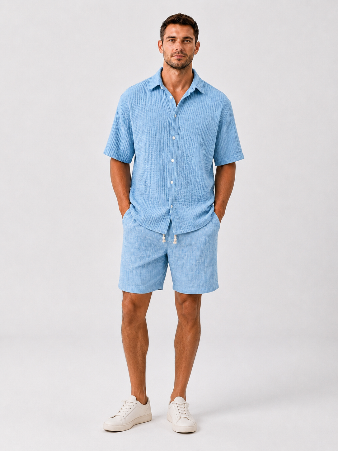 Men's Casual Loose Textured 100% Cotton Short Sleeve Shirt
