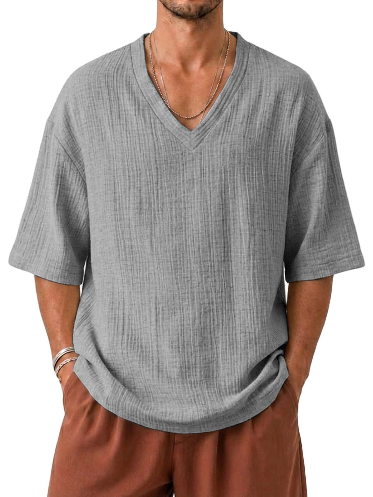 V-Neck Cotton Linen Textured Loose Fit Casual Short Sleeve Top