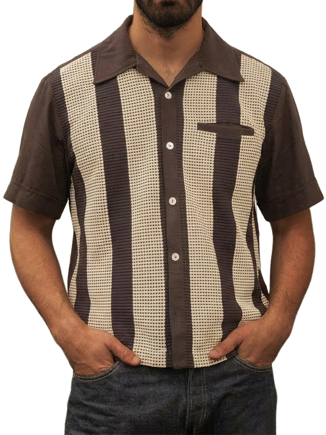 Men's Vintage Waffle-Knit Striped Short-Sleeve Shirt