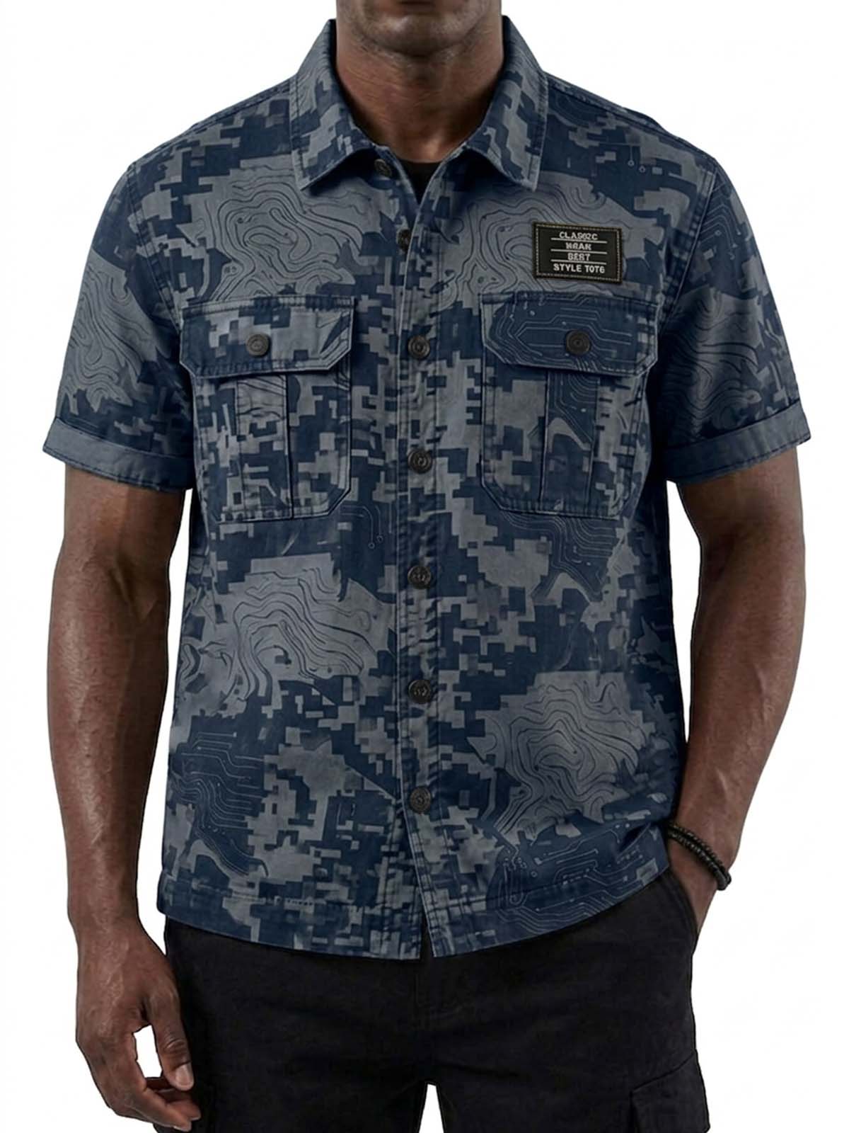 Digital Camouflage Double-Pocket Basic Cargo Shirt