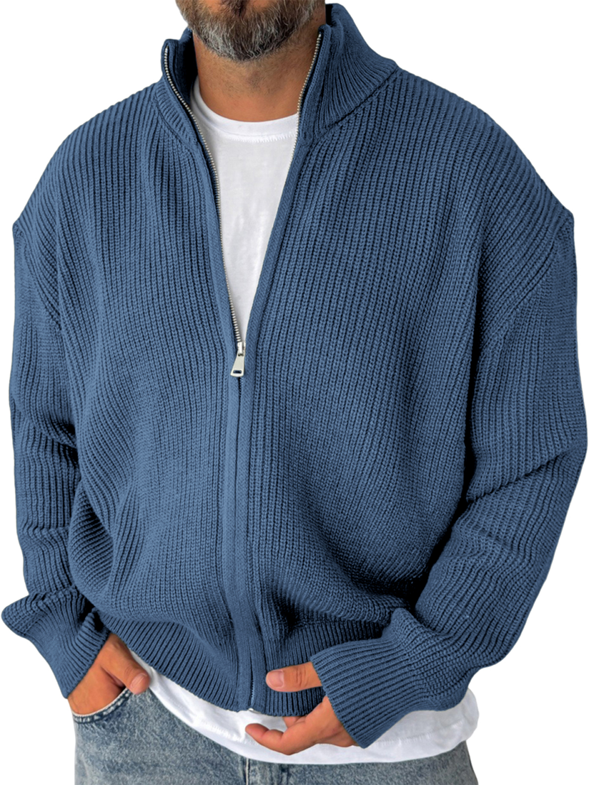 Men's Simple Zipper Warm Sweater Textured Cardigan Jacket